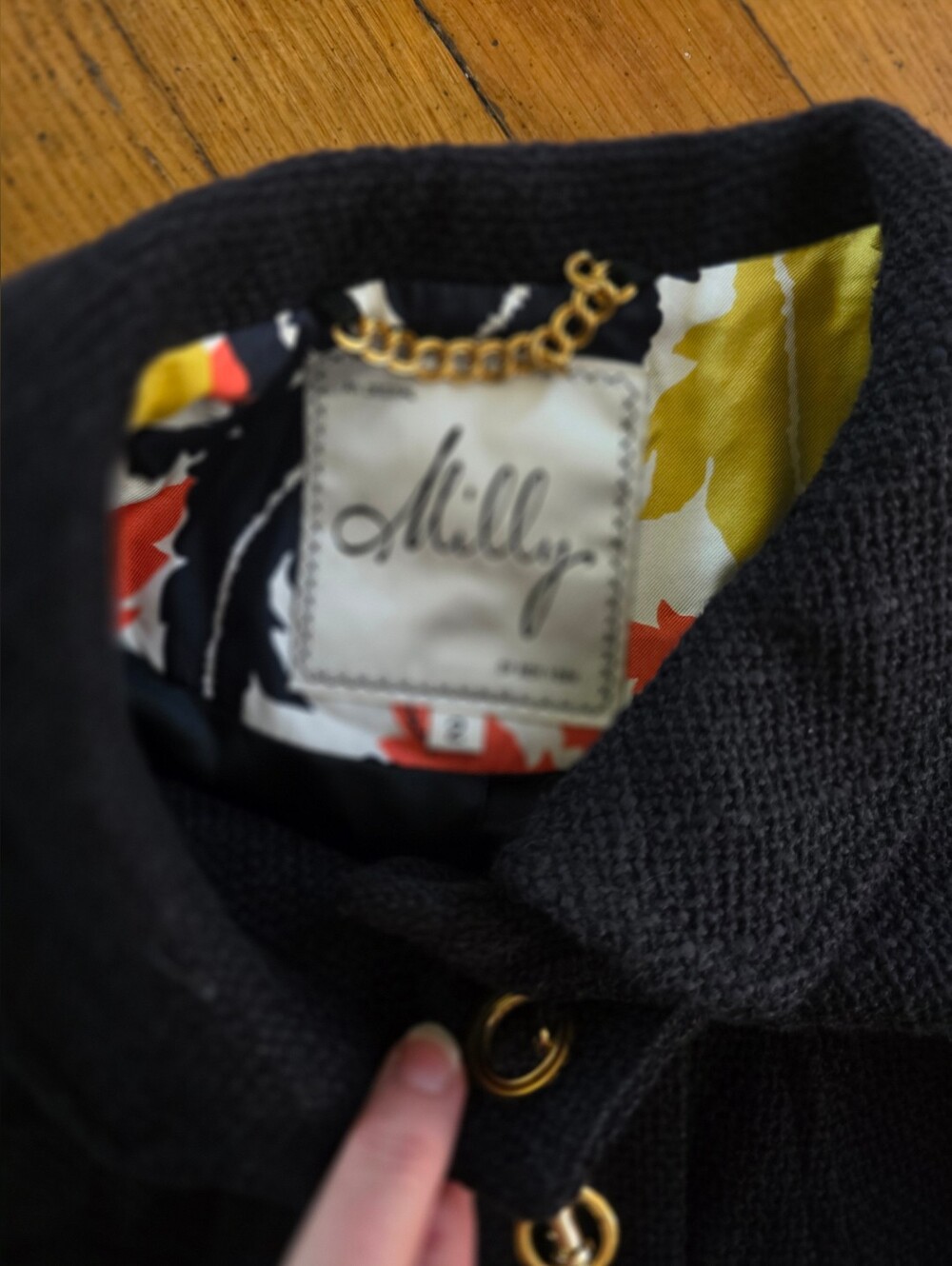 Milly Vintage Navy Textured Wool-Blend Pea Coat with Gold Buttons - Picture 5 of 5